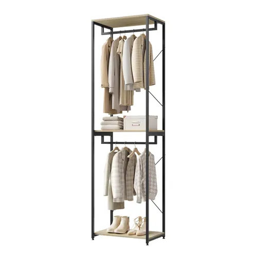 Porte-manteaux Sur Pieds En Bois Et Acier. Noir + Chêne Clair. 60x40x213 Cm