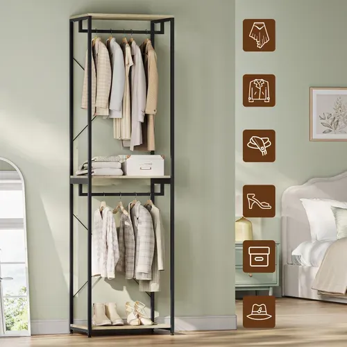 Porte-manteaux Sur Pieds En Bois Et Acier. Noir + Chêne Clair. 60x40x213 Cm