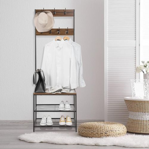 Porte-manteau Avec Etagère à Chaussures. 7 Crochets. Structure En Acier. Noir+ Brun Foncé