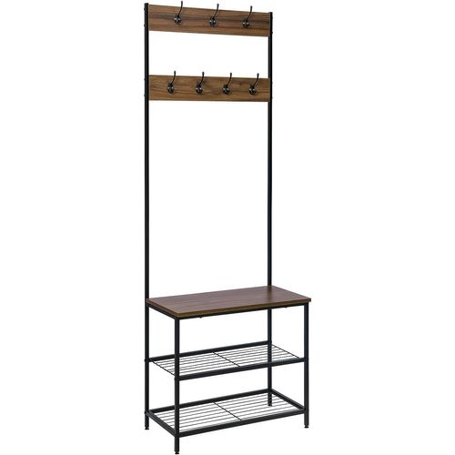 Porte-manteau Avec Etagère à Chaussures. 7 Crochets. Structure En Acier. Noir+ Brun Foncé