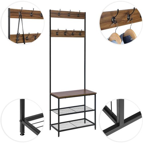 Porte-manteau Avec Etagère à Chaussures. 7 Crochets. Structure En Acier. Noir+ Brun Foncé