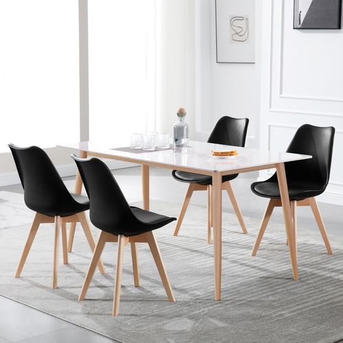 Lot De 4 Chaises De Salle à Manger. Pied En Bois. Assise En Similicuir. Style Nordique. Noir