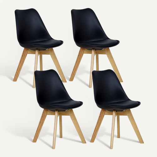 Lot De 4 Chaises De Salle à Manger. Pied En Bois. Assise En Similicuir. Style Nordique. Noir