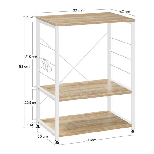 Étagère Rangement à Micro-Ondes. Étagère Cuisine En Bois Massif+Acier. 60x39x74cm. Blanc+Chêne