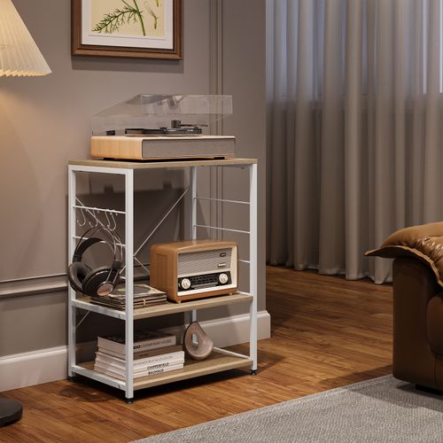 Étagère Rangement à Micro-Ondes. Étagère Cuisine En Bois Massif+Acier. 60x39x74cm. Blanc+Chêne