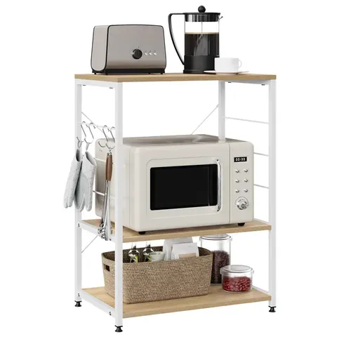 Étagère Rangement à Micro-Ondes. Étagère Cuisine En Bois Massif+Acier. 60x39x74cm. Blanc+Chêne