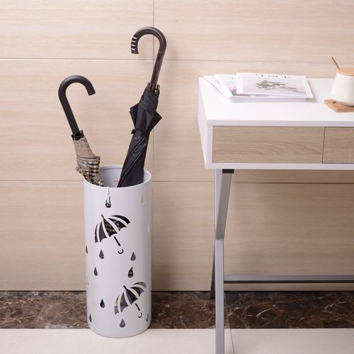 Porte Parapluie En Métal Rond Avec 4 Crochets+plateau.porte Parapluie Design Moderne.20x49cm.blanc