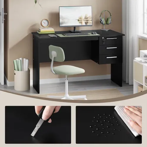Table De Bureau. Table D’ordinateur En Bois Avec 3 Tiroirs Et Verrou. 120x59x75cm. Noir