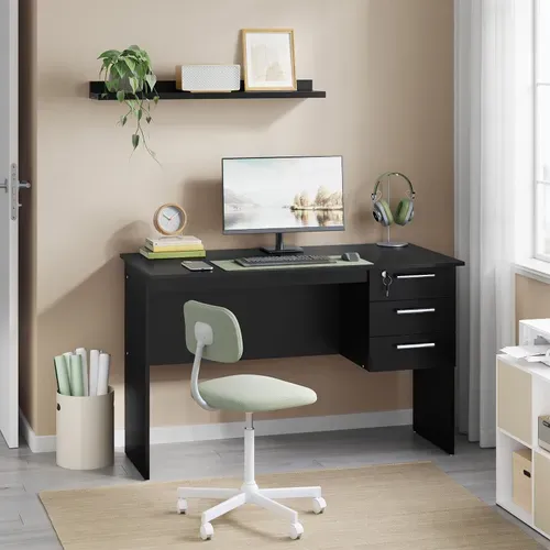 Table De Bureau. Table D’ordinateur En Bois Avec 3 Tiroirs Et Verrou. 120x59x75cm. Noir