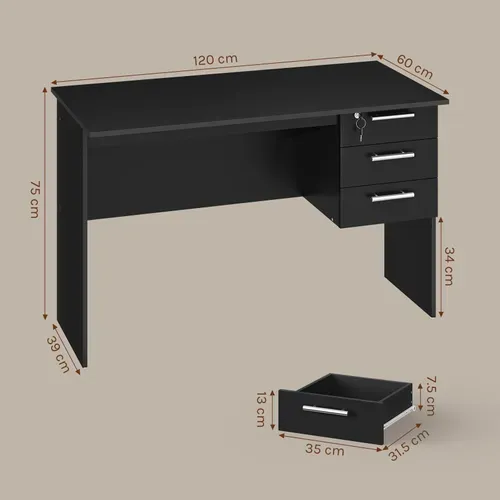 Table De Bureau. Table D’ordinateur En Bois Avec 3 Tiroirs Et Verrou. 120x59x75cm. Noir
