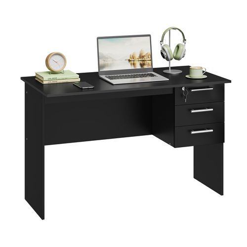 Table De Bureau. Table D’ordinateur En Bois Avec 3 Tiroirs Et Verrou. 120x59x75cm. Noir