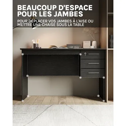 Table De Bureau. Table D’ordinateur En Bois Avec 3 Tiroirs Et Verrou. 120x59x75cm. Noir