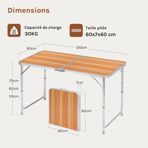 Table De Camping Pliante.table De Jardin Pliable En Aluminium Et Mdf.120x60x70 Cm.chêne Clair
