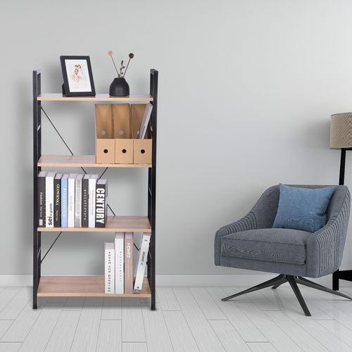 Étagère De Rangement En Acier+bois Avec 4 Tablettes.étagère Cuisine.60x28x116cm.noir+chêne Clair