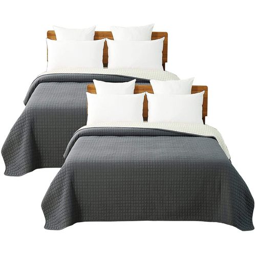 2 X Couvre-lits Matelassé. Couverture Rembourré De Lit Flannel. 240x260 Cm. Gris Foncé+crème