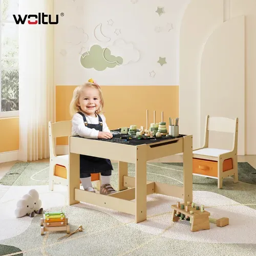 1 Table D'enfant + 2 Chaises Avec Espace De Rangement Pour Enfants D'âge Préscolaire