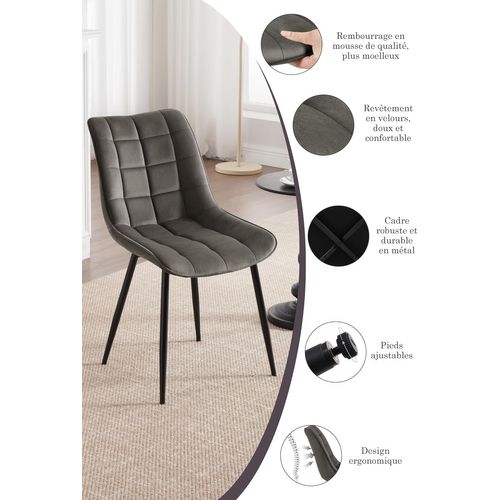 4x Chaise De Salle à Manger Avec Pieds En Métal - Rembourré En Velours - Gris Foncé