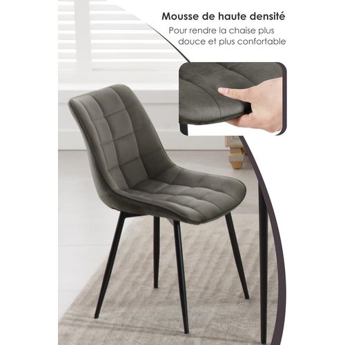 4x Chaise De Salle à Manger Avec Pieds En Métal - Rembourré En Velours - Gris Foncé
