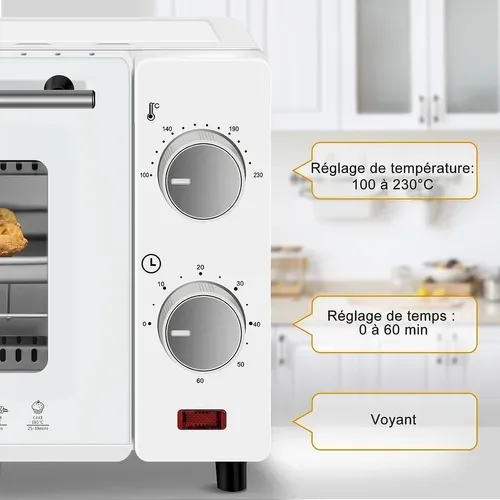 Mini Four Électrique 10L - 100-230℃, Minuterie 0-60min, 650W, Blanc