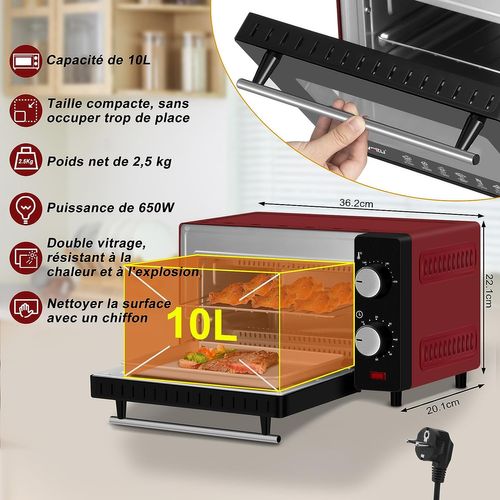 Mini Four Électrique 10l - 4 Modes De Cuisson - minuterie 0-60 Min. 650w - rouge