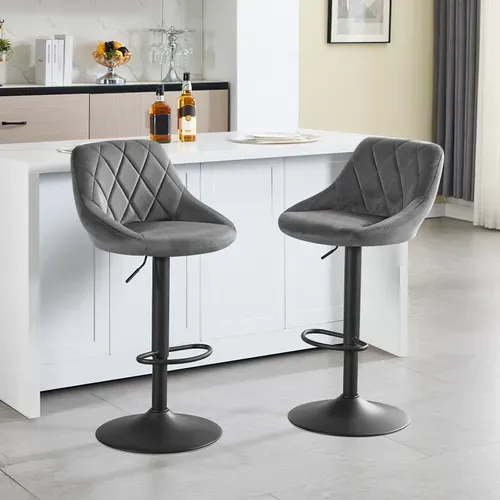 Lot De 2 Tabourets De Bar Siège Bien En Velours - Hauteur Réglable Pieds En Métal - Gris Foncé