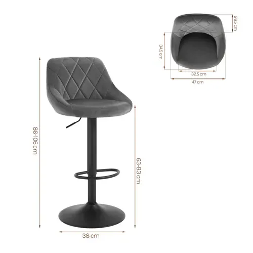 Lot De 2 Tabourets De Bar Siège Bien En Velours - Hauteur Réglable Pieds En Métal - Gris Foncé