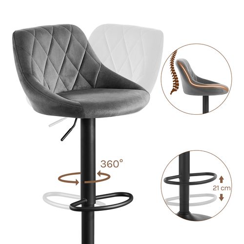 Lot De 2 Tabourets De Bar Siège Bien En Velours - Hauteur Réglable Pieds En Métal - Gris Foncé