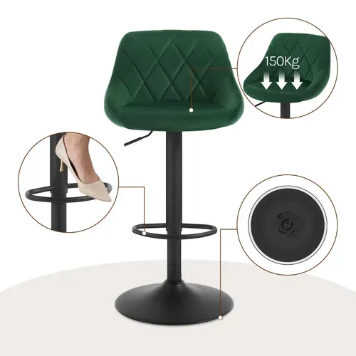 Lot De 2 Tabourets De Bar Siège Bien En Velours - Hauteur Réglable Pieds En Métal - Vert Foncé