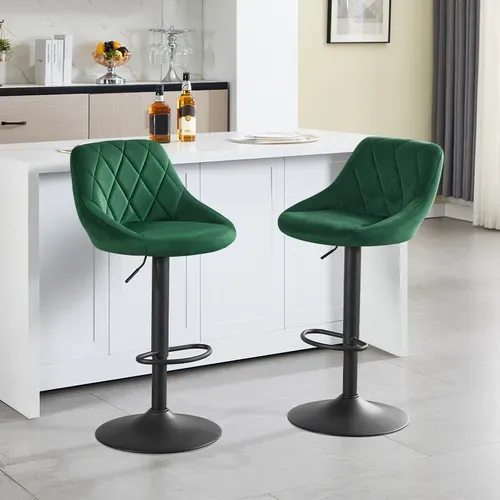 Lot De 2 Tabourets De Bar Siège Bien En Velours - Hauteur Réglable Pieds En Métal - Vert Foncé