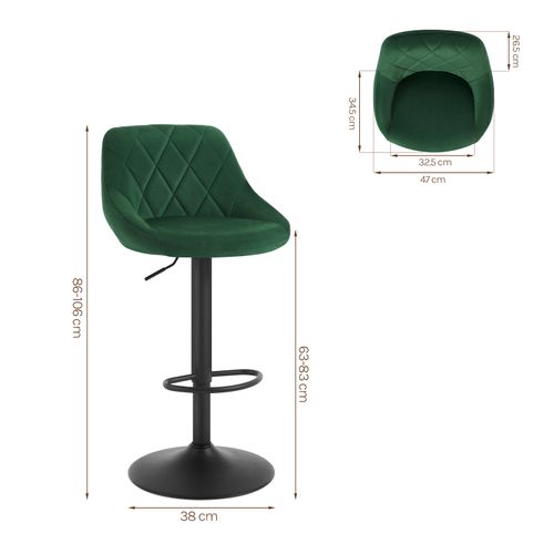 Lot De 2 Tabourets De Bar Siège Bien En Velours - Hauteur Réglable Pieds En Métal - Vert Foncé