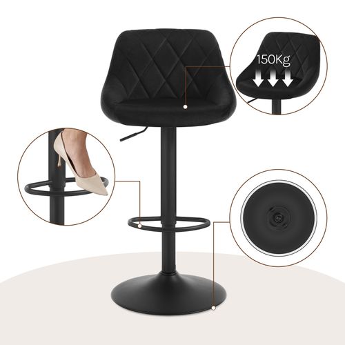 Tabouret De Bar Siège Bien Rembourré En Velours -Chaise De Bar-Hauteur Réglable Pieds En Métal-Noir