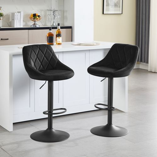 Tabouret De Bar Siège Bien Rembourré En Velours -Chaise De Bar-Hauteur Réglable Pieds En Métal-Noir