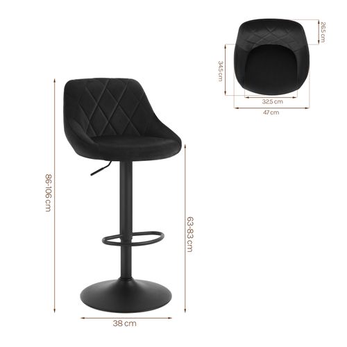 Tabouret De Bar Siège Bien Rembourré En Velours -Chaise De Bar-Hauteur Réglable Pieds En Métal-Noir