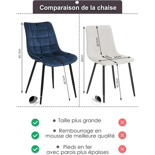 2 X Chaises De Salle à Manger, Chaise De Cuisine, Siège En Velours Pieds En Métal, Bleu
