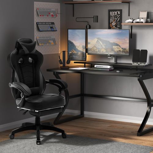 Fauteuil De Bureau.Chaise De Gaming Avec Appuie-tête+Coussin Lombaire.Siège En Similicuir.Noir+Gris