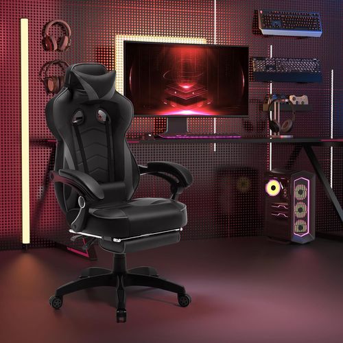Fauteuil De Bureau.Chaise De Gaming Avec Appuie-tête+Coussin Lombaire.Siège En Similicuir.Noir+Gris