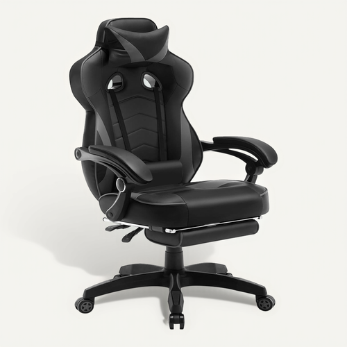 Fauteuil De Bureau.Chaise De Gaming Avec Appuie-tête+Coussin Lombaire.Siège En Similicuir.Noir+Gris