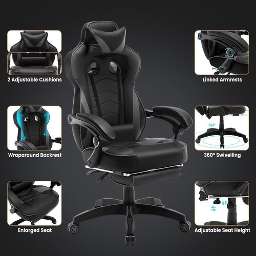 Fauteuil De Bureau.Chaise De Gaming Avec Appuie-tête+Coussin Lombaire.Siège En Similicuir.Noir+Gris