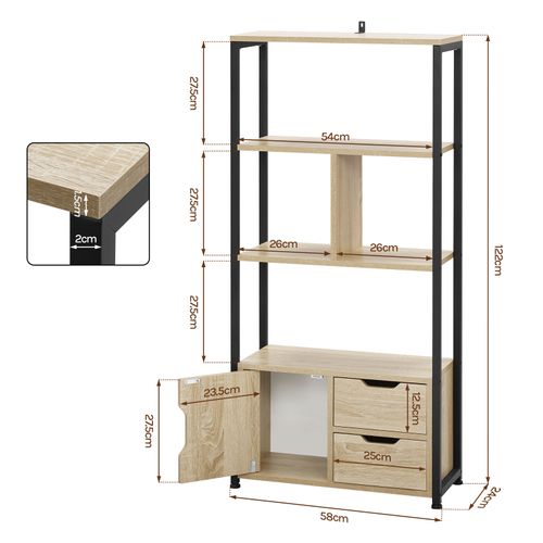 Étagère De Rangement Avec Tiroirs. Bibliothèque En Métal+ Mdf. 58x24x120 Cm. Chêne Clair
