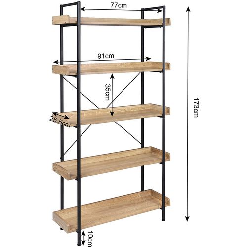Étagère De Rangement. Bibliothèque En Bois Et Métal à 5 Niveaux.91x25.5x173 Cm. Noir+ Chêne Clair