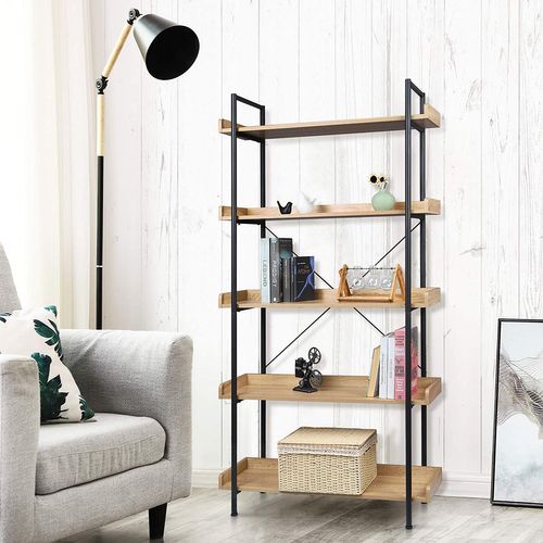 Étagère De Rangement. Bibliothèque En Bois Et Métal à 5 Niveaux.91x25.5x173 Cm. Noir+ Chêne Clair