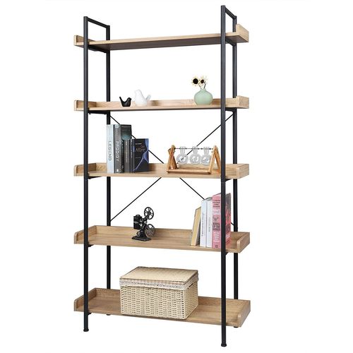 Étagère De Rangement. Bibliothèque En Bois Et Métal à 5 Niveaux.91x25.5x173 Cm. Noir+ Chêne Clair