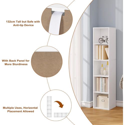 Bibliothèque Casier à Livres En Mdf. Étagère De Rangement. Étagère De Bureau 30x23.5x132.2cm. Blanc