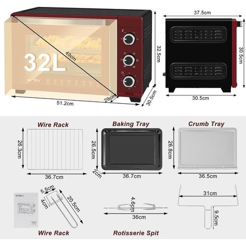 Mini Four 32l, Four Électrique Minuterie 60 Min, Température 100-230℃, 1600w, Rouge+Noir