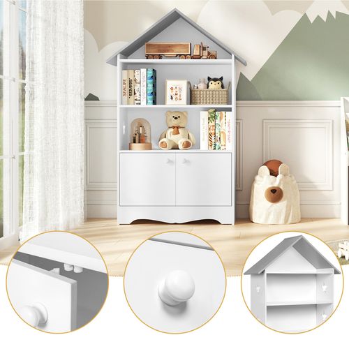 Bibliothèque Enfants En Bois. Étagère à Jouets Avec Porte. Étagère De Rangement Pour Enfants. Blanc