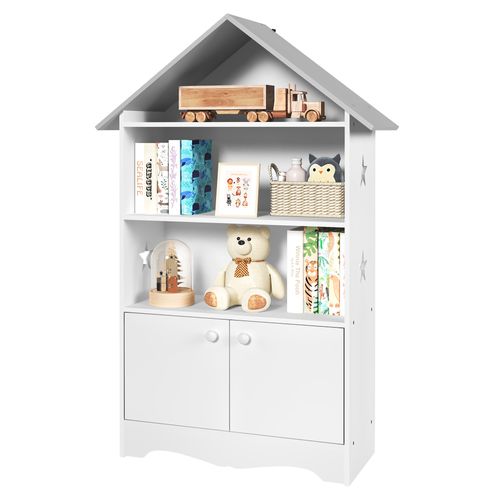 Bibliothèque Enfants En Bois. Étagère à Jouets Avec Porte. Étagère De Rangement Pour Enfants. Blanc
