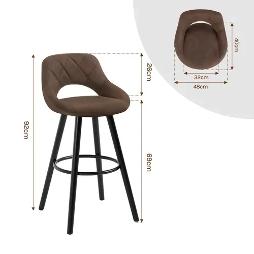 2x Tabourets De Bar En Tissu Simili-Cuir, Chaises De Bar Structure En Bois Massif, Brun Foncé