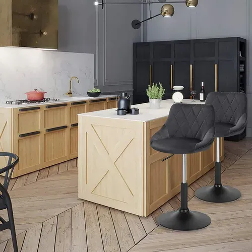Lot De 4 Tabourets De Bar Siège Bien En Velours -Hauteur Réglable Pieds En Métal-Gris Foncé