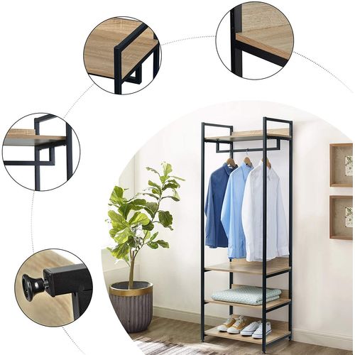 Porte-manteau Avec Un Tringle Et 4 Étagères En Bois+acier.penderie.chêne Clair+noir.60x40x170 Cm