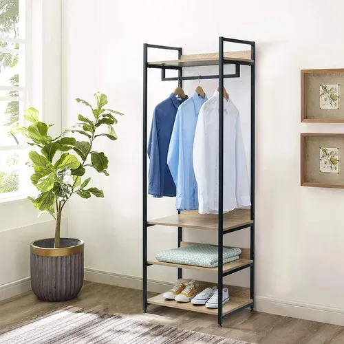 Porte-manteau Avec Un Tringle Et 4 Étagères En Bois+acier.penderie.chêne Clair+noir.60x40x170 Cm